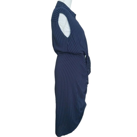 4/$20 Shinestar Navy Blue Pinstripe Dress Large Ruched Button Front Sleeveless - Picture 4 of 7